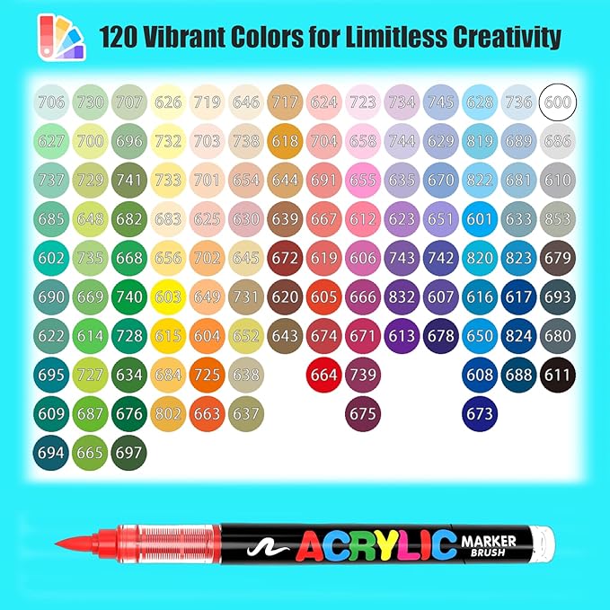 120 Colors Acrylic Paint Markers Set, Soft Brush Tip Pens for Rock, Wood, Canvas, Glass, Ceramic, Fabric, DIY Craft Projects – Waterproof, Quick-Dry, Vibrant Ink for Artists & Beginners-DeskLoop Office