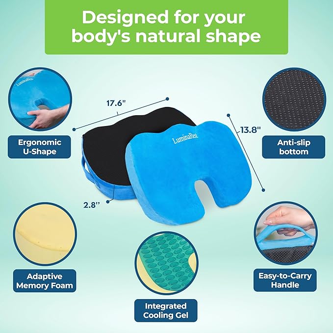 LuminaRest® Gel Enhanced Seat Cushion for Long Sitting – CertiPUR-US® Certified Memory Foam – Tailbone Pain Relief Cushion, Adaptable for Office, Car, Airplane & Wheelchair – (Blue)-DeskLoop Office