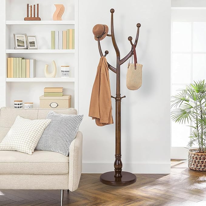 Wood Coat Rack Coat Tree Freestanding with Hooks, Heavy Duty Standing Coat Rack with Solid Round Base, 74” Tree Shaped Coat Hanger Stand for Clothes, Hat, Jacket, Entryway Bedroom, Walnut-DeskLoop Office