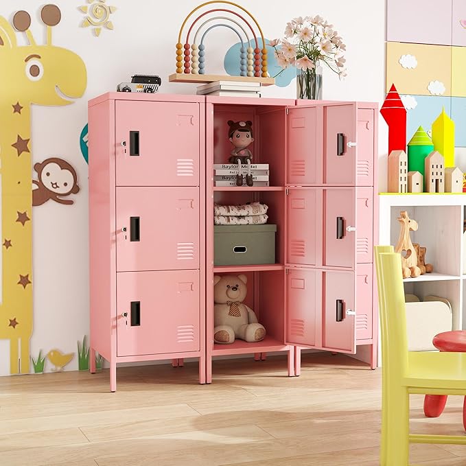 Aobabo 16" W 3 Door Metal Storage Locker with Lock, 47" H Steel Locker with Name Card Holder and Metal Leg for School, Home, Office, Playroom, Assembly Required, Pink-DeskLoop Office