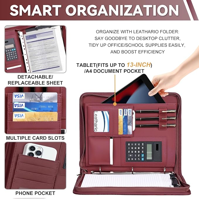 Leathario Portfolio Binder, Includes 5 Sheet Protectors and a Pen, 13 Inch - Image 5