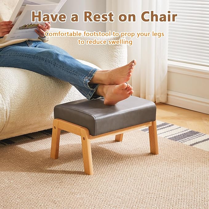 IBUYKE 10.2” H Small Foot Stool Ottoman, Rectangle PU Faux Leather Foot Rest with Padded Seat and Wood Legs, Modern Accent Ottoman Foot Rest for Living Room Bedroom Couch Office, Grey WBD013G-DeskLoop Office