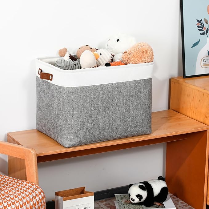 DULLEMELO Large Storage Baskets, Fabric Storage Basket with Leather Handles for Shelves Closet Nursery Toy Storage, Collapsible Fabric Baskets for Toy Book Magazine Towel Organizers(White&Gray)-DeskLoop Office