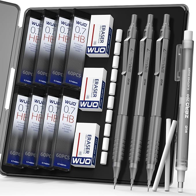 WUO 0.7mm Mechanical Pencil Set, 3 Grey Metal Drafting Pencils by WUO