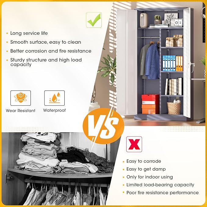Greenvelly Metal Storage Wardrobe Cabinet with Lock, 72" White Grey Metal Wardrobe Closet for Hanging Clothes with Doors and Shelves, Modern Clothes Closet for Home, Office and Bedroom, School,Gym-DeskLoop Office