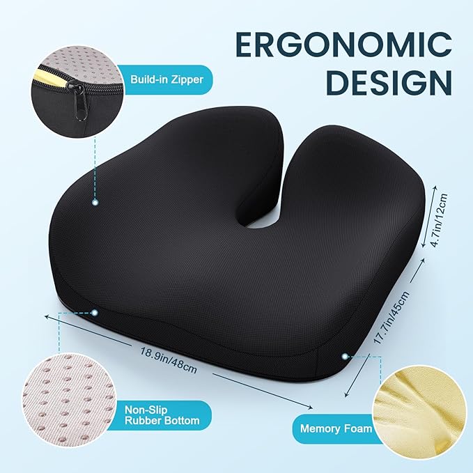 Benazcap Seat Cushion, Memory Foam Cushions for Office Chair - Ergonomic Chair Cushions for Tailbone Pain Relief, Sciatica & Back Support, Office Chair Cushion & Car Seat Cushion-DeskLoop Office
