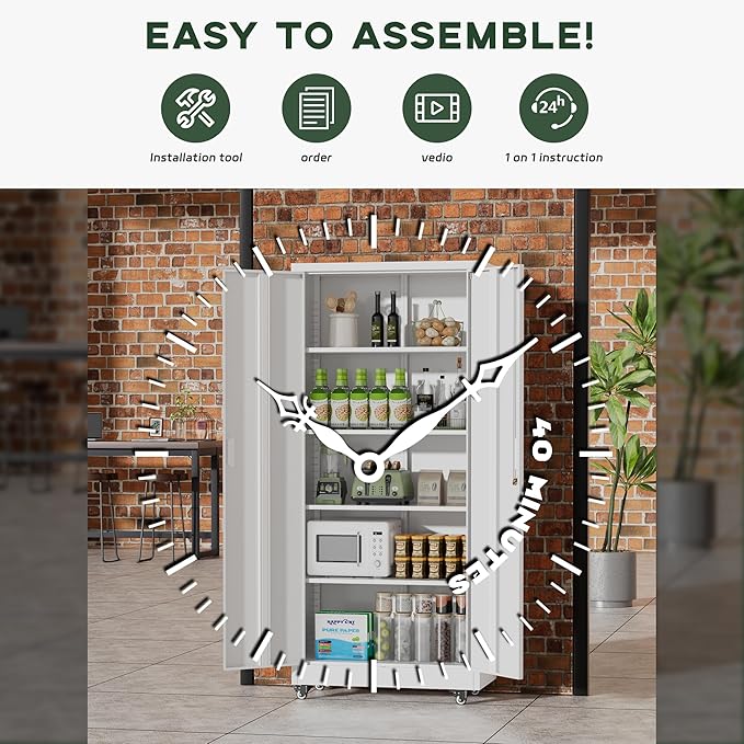 Greenvelly 73" Metal Storage Cabinet with Wheel and Pegboard, Lockable White Metal Garage Cabinets with 2 Doors and 4 Adjustable Shelves, Rolling Steel Tool Cabinet for Garage, Home Office, School-DeskLoop Office