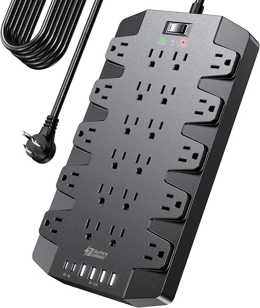 15 Ft Extension Cord Power Strips with Surge Protection, SUPERDANNY Surge Protector with 22 Outlets, 2 USB-C and 4 USB-A, 2100J, 15Ft Flat Plug Heavy Duty Extension Cord (1875W/15A) for Office, School-DeskLoop Office