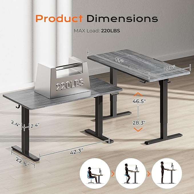 Huuger 55 x 28 Large Electric Standing Desk, Height Adjustable Desk, 27.6" Deep Desktop, Stand up Gaming Computer Office Desk with 2 Hooks, 3 Preset Heights, for Home Office, Grey-DeskLoop Office