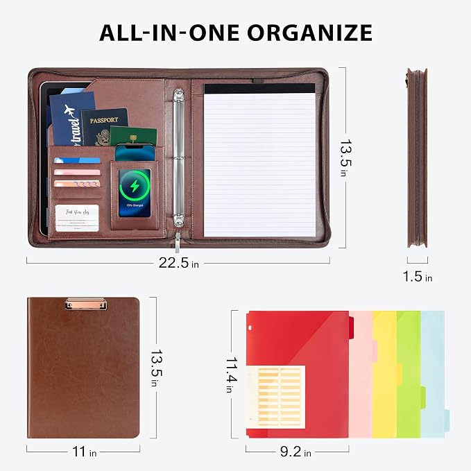 Ospelelf Zippered Padfolio Organizer, Faux Leather 3 Ring Binder - Image 3