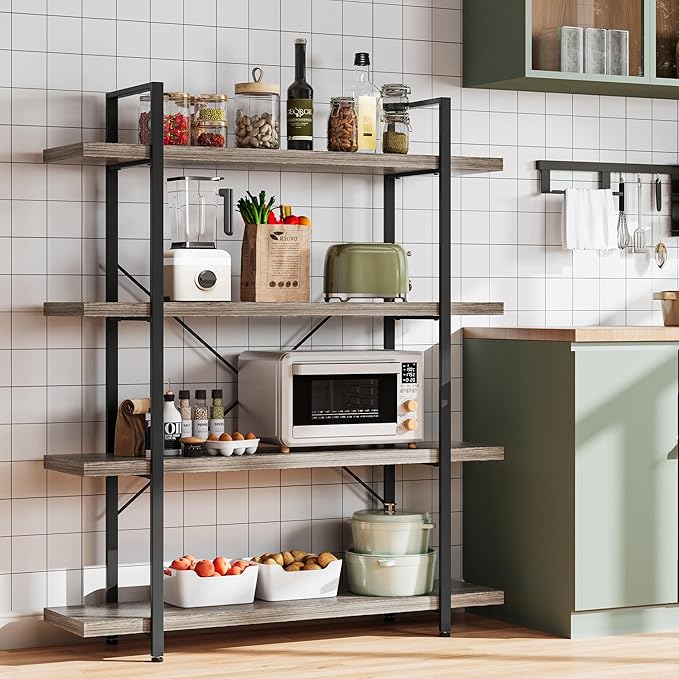 Heavy Duty 4-Tier Industrial Bookcase, 47" Wide Wood Bookshelf for Home Office, 120lbs Shelf Capacity, Rustic Shelving Display with Reinforced Horizontal Shelf for Living Room Bedroom,Grey-DeskLoop Office