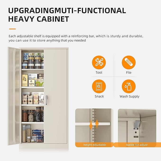 INTERGREAT Tall Metal Storage Cabinet Locking Steel with 4 Adjustable Shelves,72" Lockable Cabinets Lock 2 Doors for Office Garage Supply Home (Cream Grey)-DeskLoop Office