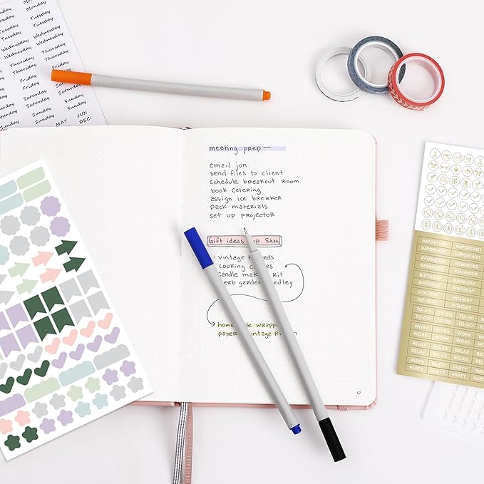 &And Per Se Dotted Journal Notebook Set, A5 Hardcover Dotted Journal (Dark Blue), 6 Fineliner Pens, 8 Sticker, 5 Stencil Sheets & 6 Washi Tapes, Journaling Supplies for Planner Schedule-DeskLoop Office