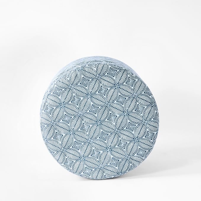 HomePop Upholstered Round Storage Ottoman|Homepop Home Décor|Upholstered Round Foot Rest Ottoman -Blue Indigo Print-DeskLoop Office