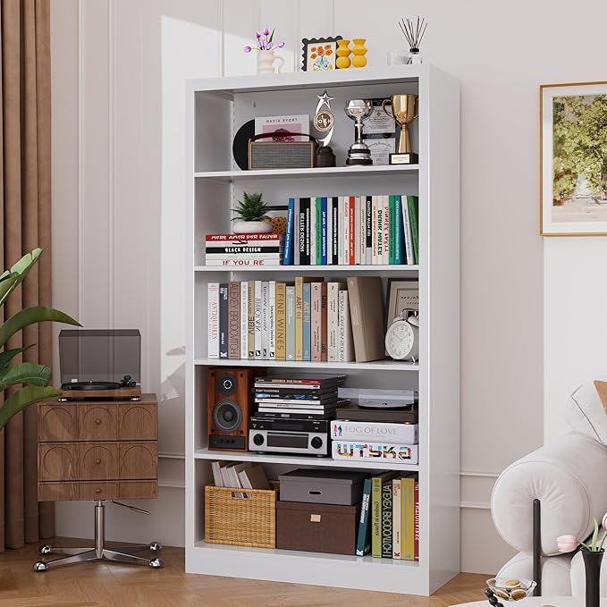 5 Tier Bookshelf, Metal White Book Shelf with Backboard, Adjustable 55" Tall Bookcase, Modern Book Shelves for Living Room, Office, Bedroom, School-DeskLoop Office