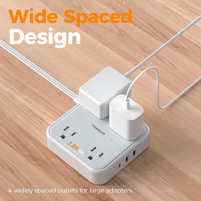 Flat Plug Extension Cord 5 Ft, TESSAN Surge Protector Power Strip Ring Pull with 3 USB (1 USB C) 4 Outlets, 900 Joules Protection, Desktop Charging Station for Home, Office, College, Dorm Room, Gray-DeskLoop Office