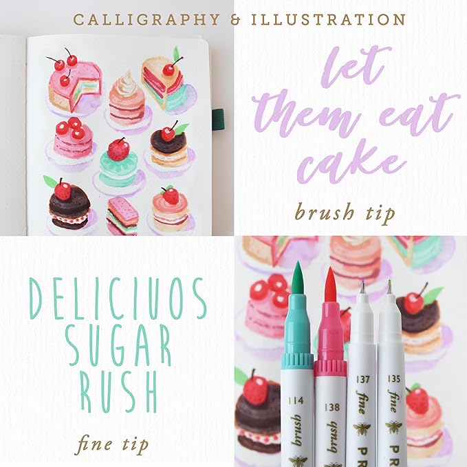 Primrosia 12 Dual Tip Watercolor Marker Pens - Fine Tip & Brush Tips, Professional Quality, 4 x Sticker Sheets, Blendable, Non-Toxic, Perfect for Calligraphy, Drawing & Coloring. (Patisserie)-DeskLoop Office