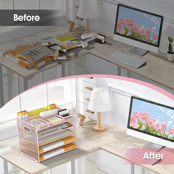 5 Tier Paper Letter Tray with 3 Drop-in Pen Holders, Mesh Desk File Organizer - Image 5