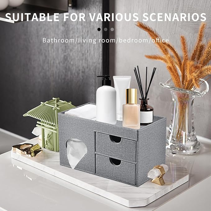 Square Tissue Box Cover with Drawers, Tissue Box Holder with Storage Tray - Image 7