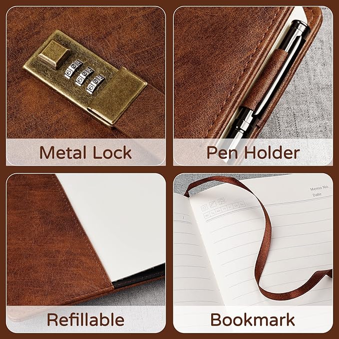 WEMATE Diary with Lock, A5 PU Leather Journal with Lock 240 Pages, Vintage - Image 3
