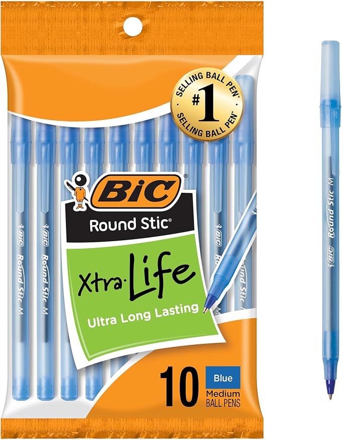 BIC Round Stic Xtra Life Blue Ballpoint Pens, Medium Point, 10-Count Pack of by BIC