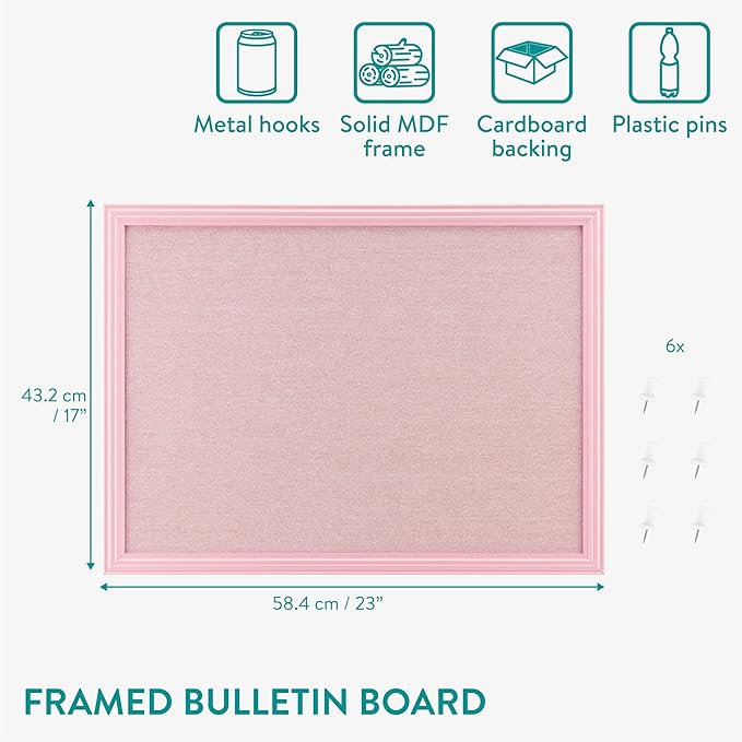 Navaris Framed Linen Bulletin Board - Approx. 58x43cm Fabric Jewelry Organizer Pinboard for Wall Memory Memo Pin Board - Pink Linen with Pink Frame-DeskLoop Office