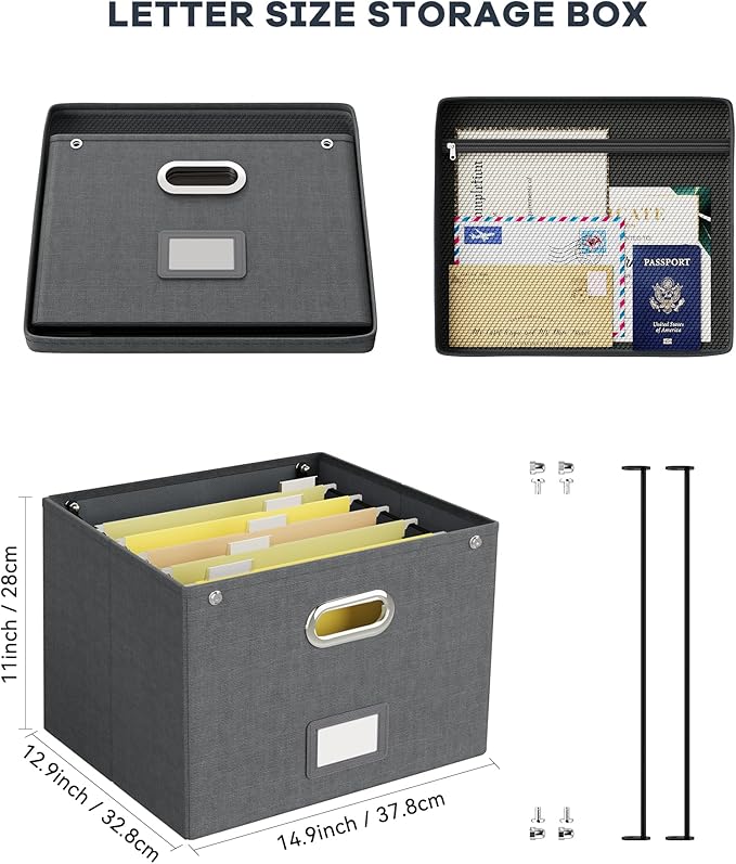 2 Pack File Organizer Box with Lid, Large Hanging Filing Box with Mesh Pocket, Document Organizer for Letter Files, Portable Storage Case for Office&Home (Dark grey)-DeskLoop Office