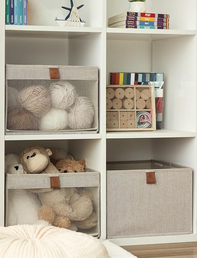 StorageWorks Closet Storage Bins, Large Storage Baskets with Clear Window and Handles, Foldable Fabric Organizer for Clothes, Shelves, Brown and Beige, 3 Pack-DeskLoop Office