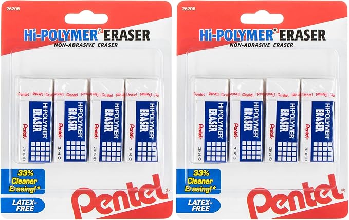 Pentel Hi-Polymer Block Eraser, Small | White | Pack of 8 | ZEH05BP4 by PentelofAmerica