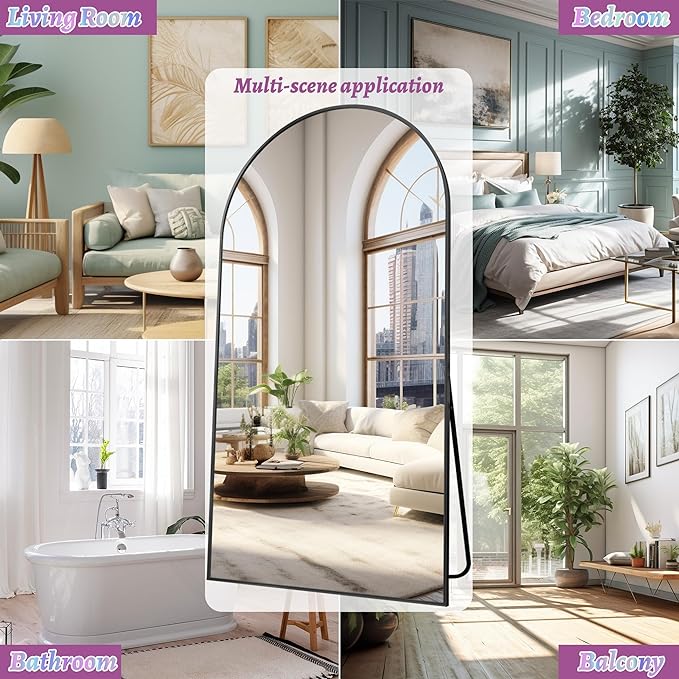 Full Length Mirror, 78"x38" Oversized Floor Mirror Freestanding, Full Body Floor Standing Mirror with Stand, Hanging Mounted for Bedroom Living Room, Black, Arched Style-DeskLoop Office