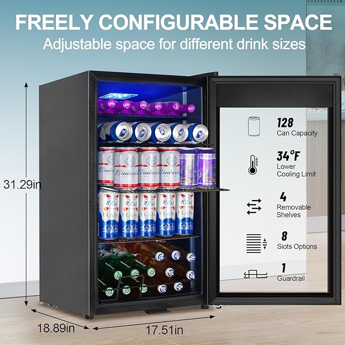Beverage Refrigerator Cooler, 128 Cans 3.2 Cu.Ft Mini Fridge Glass Door for Drink Beer Soda Wine, Small Fridge with 4 Adjustable Removable Shelves for Kitchen, Bedroom, Office, Bar, Gaming Room, Black-DeskLoop Office