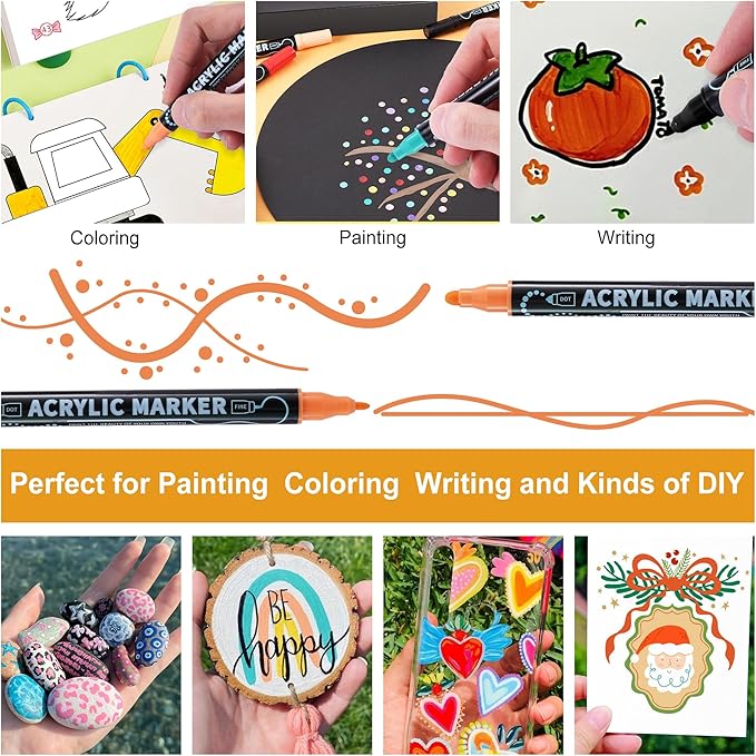 12 Colors Waterproof Dual Tip Acrylic Paint Pens, Dot & Fine Tip Premium Coloring Drawing Markers Set for Wood, Rock Painting, Canvas, Glass, Ceramic Surfaces and DIY Crafts Making Art Supplies-DeskLoop Office