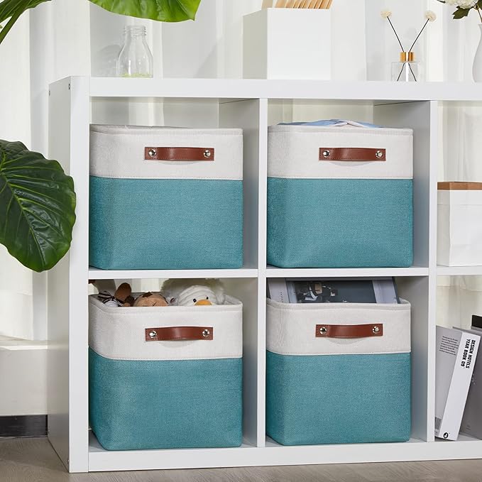 DULLEMELO Foldable Storage Cubes 11 x 11 Organizer Bins,Canvas Storage Bins Empty Gift Baskets for Organizing with SturdyLeather Handles, Closet Baskets for Nursery Storage(4 Pack - 11" White&Teal)-DeskLoop Office