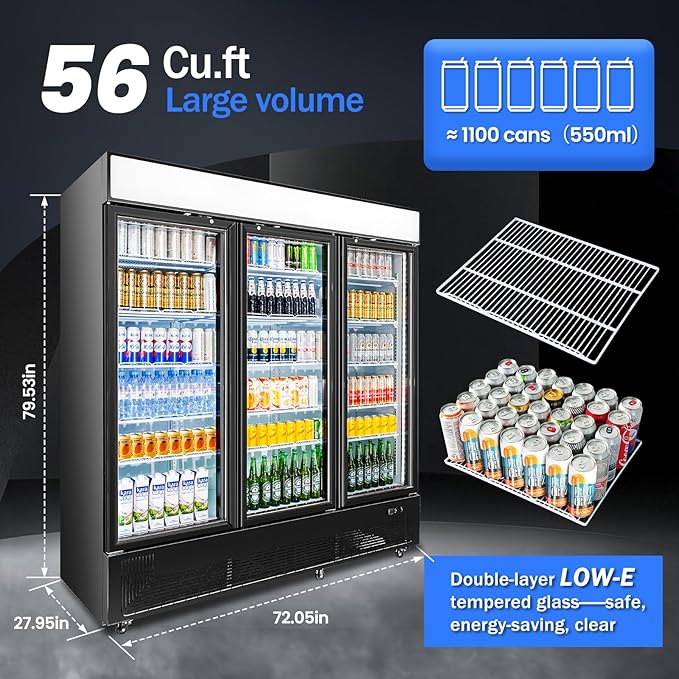 Commercial Beverage Refrigerator with 3 Glass Doors 56 Cu.ft Display Merchandiser Cooler Bar Black Drink Fridge for Convenience Stores, Supermarkets,Bars,Offices-DeskLoop Office