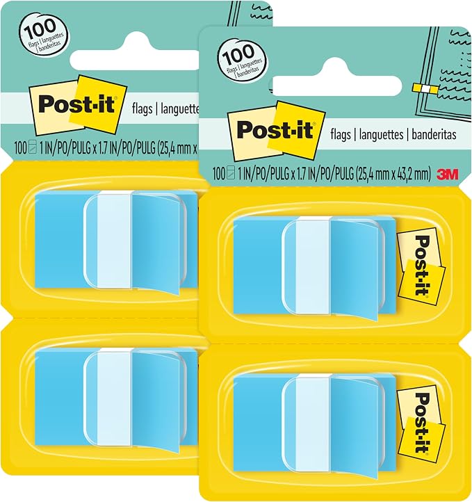 Post-it Flags, 50/Dispenser, 2 Dispensers/Pack, 1 in Wide, Bright Blue by Unknown