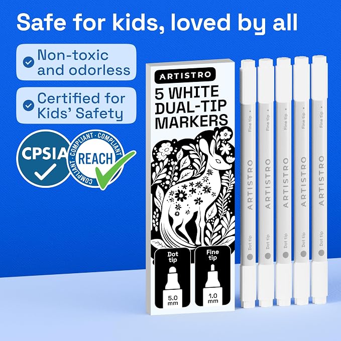 ARTISTRO 5 White Dual-Tip Acrylic Paint Markers – Paint Pens Set - Image 6