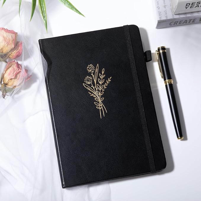 Lined Journal Notebook for Women Cute Leather Journals for Writing Aesthetic Floral Diary 192 Pages A5 Hardcover Journaling Notebooks with Pen Loop, 5.7 x 8.3 In, Black-DeskLoop Office
