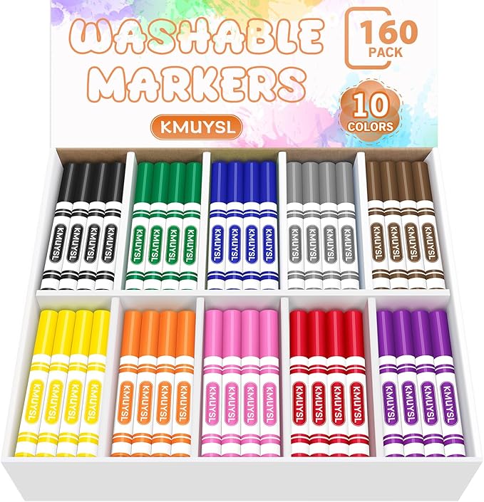 KMUYSL 160 Count Washable Markers Bulk, 10 Assorted Colors - Broad Line Conical Tip Coloring Markers for Kids, School Art Supplies & Back to School Supplies, Teacher Classroom Must Haves-DeskLoop Office