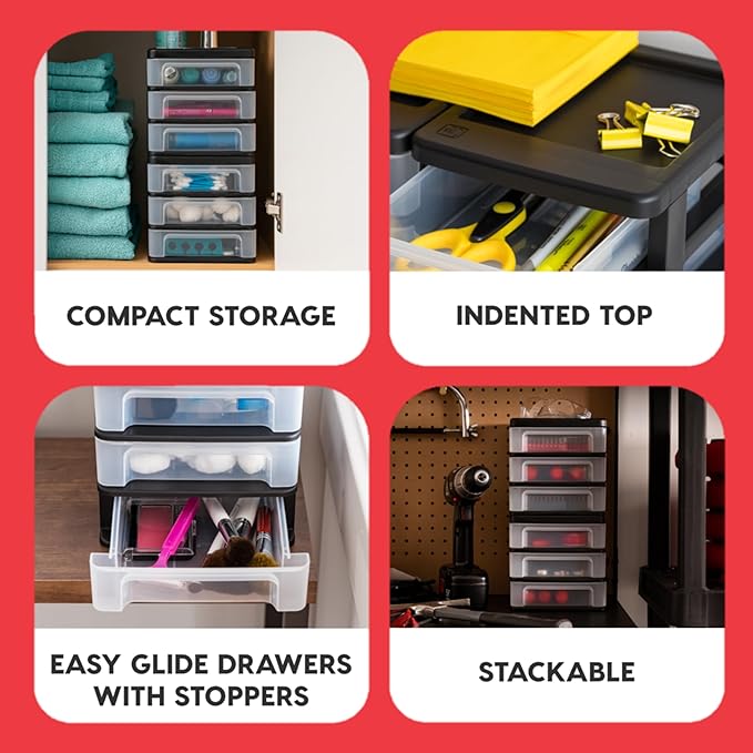 IRIS USA Plastic Stacking Desk Top 3-Drawer Storage Organizer, 4-Pack, for Makeup Vanity Nail Polish Bathroom Stationery Art Craft Supplies Kitchen Office Garage and Small Organization, Small, Black-DeskLoop Office