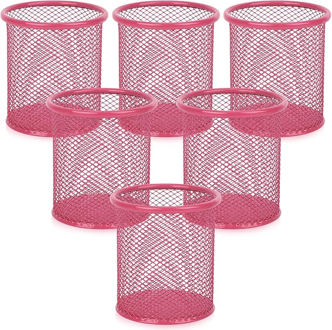 Segarty Pen Cup, 6 Pack Cute Dark Pink Pen Holder, Round Mesh Pencil Holder for Desk, Desktop Accessories Organizer for Office Supply, School, Home Storage, Makeup Brush Organization-DeskLoop Office
