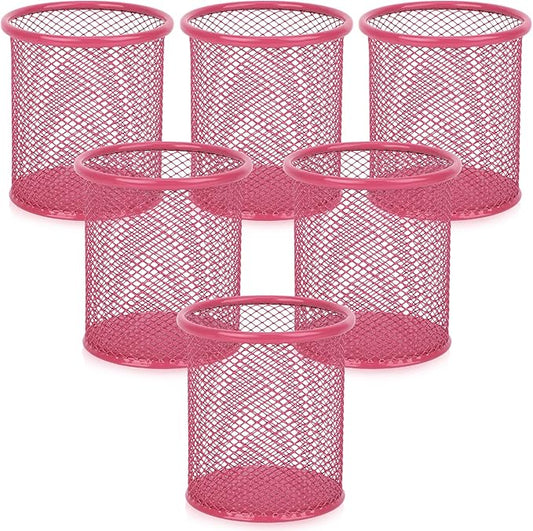 Segarty Pen Cup, 6 Pack Cute Dark Pink Pen Holder, Round Mesh Pencil Holder for Desk, Desktop Accessories Organizer for Office Supply, School, Home Storage, Makeup Brush Organization-DeskLoop Office