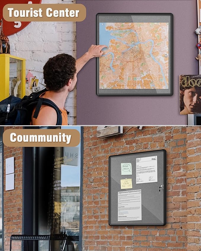 28"x26" Enclosed Bulletin Board, Lockable Weather-Resistant Aluminum Cork Noticeboard for School & Office, Black Frame w/Grey Flet-DeskLoop Office