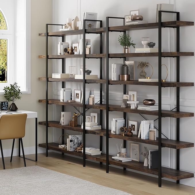 Heavy Duty 6-Tier Industrial Bookcase, 47" Wide Wood Bookshelf for Home Office, 120lbs Shelf Capacity, Rustic Open Shelving Display with Reinforced Horizontal Shelf for Living Room Bedroom-DeskLoop Office