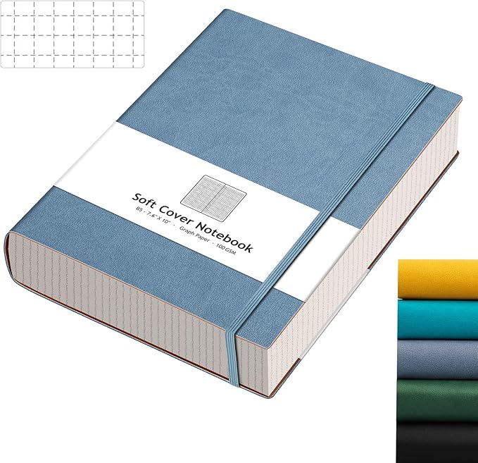 AHGXG Graph Paper Notebook - 320 Pages Grid Paper Notebook Large Journal B5, 100gsm Thick Graph Paper, Leather Softcover, Inner Pocket, 7.6'' X 10''- GrayBlue-DeskLoop Office