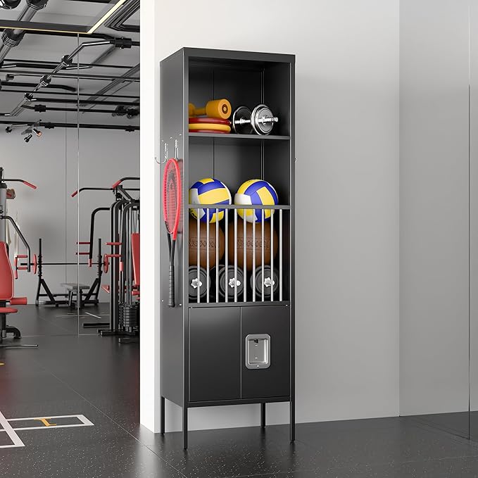 Aobabo 72" H Metal Storage Locker for Gym, for Stores Sports Gear Footballs, Rugby Balls and Tennis, Open Storage Locker with Hooks for School, Gym, Black, Assembly Required-DeskLoop Office
