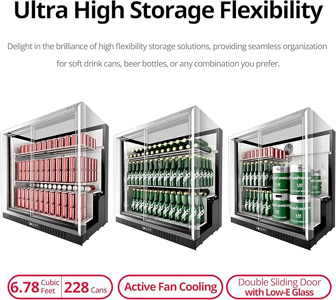 36 Inch 228 Cans Double Door Back Bar Beverage Cooler, 6.5 cu. ft. Under Counter Glass Bar Fridge With Sliding Door, Lockable, 32-50F Display Refrigerator, ETL & NSF7 Certified-DeskLoop Office
