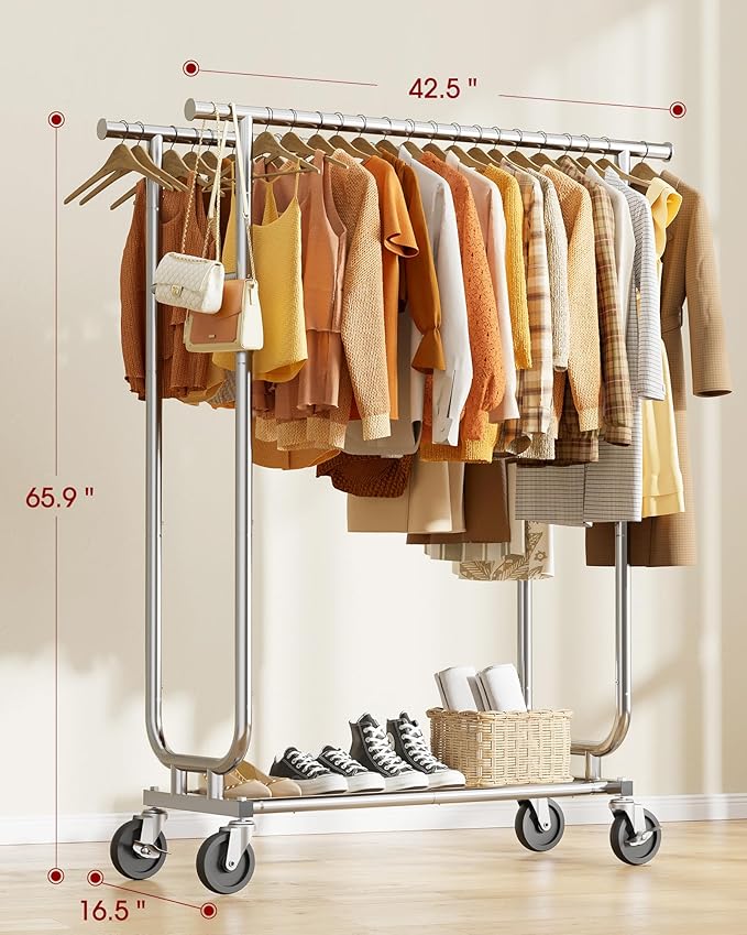 Heavy-Duty Clothes Rack - Double-Rod Stainless Steel Garment Rack with 4-inch Lockable Wheels, Clothing Racks for Hanging Clothes in Bedroom, Laundry Room, 43.3"×16.5"×61.0", Silver-DeskLoop Office
