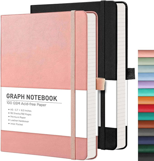 RETTACY Graph Grid Paper Notebook, 2-Pack, 192 Pages per Pack, A5 Medium Size (5.7'' x 8.3''), Leather Hardcover, 100 GSM Thick Paper, for School, Students, Math, Engineering (Black & Pink)-DeskLoop Office