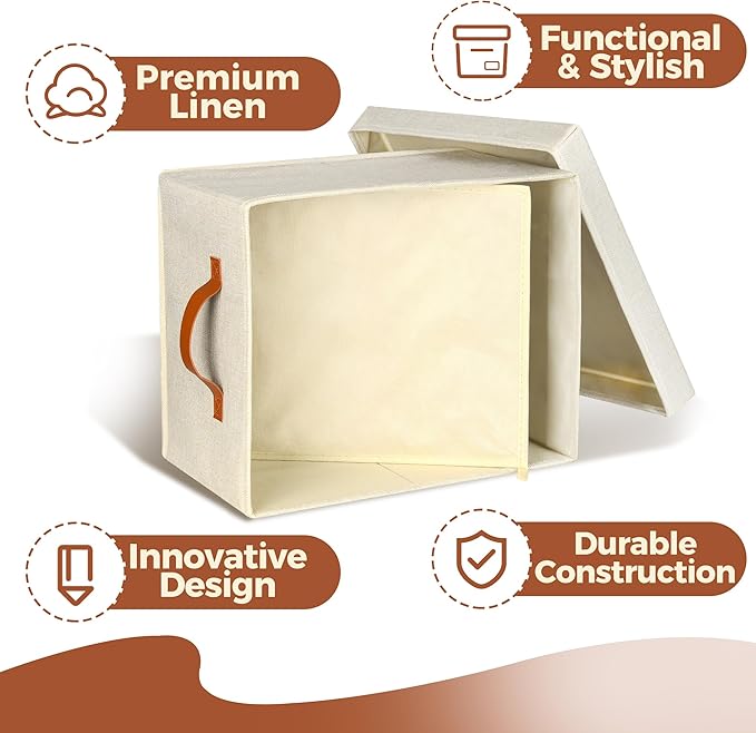 Storage Standard 2-Pack File Organizer Box with Lid - Collapsible Hanging Linen Document Organizer Portable File Boxes, Lightweight & Portable Filing Box Crates with Handles & Extras, Ivory-DeskLoop Office