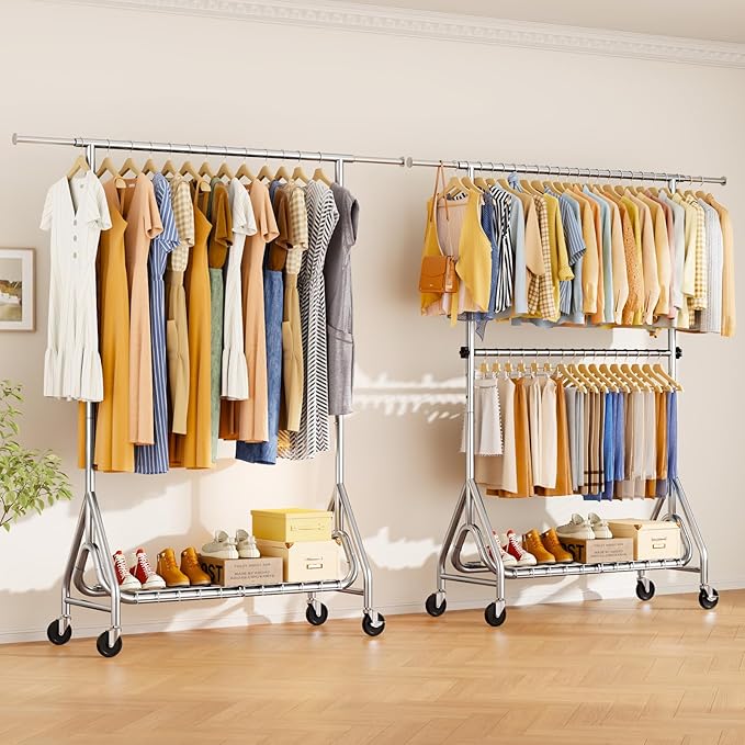 Double Rods Clothing Rack, Heavy Duty Clothes Rack for Hanging Clothes Load 560LBS, Metal Rolling Garment Racks with Wheels, Freestanding Clothes Hanging Racks, Silver-DeskLoop Office